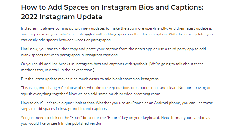 add spaces to instagram captions and bio