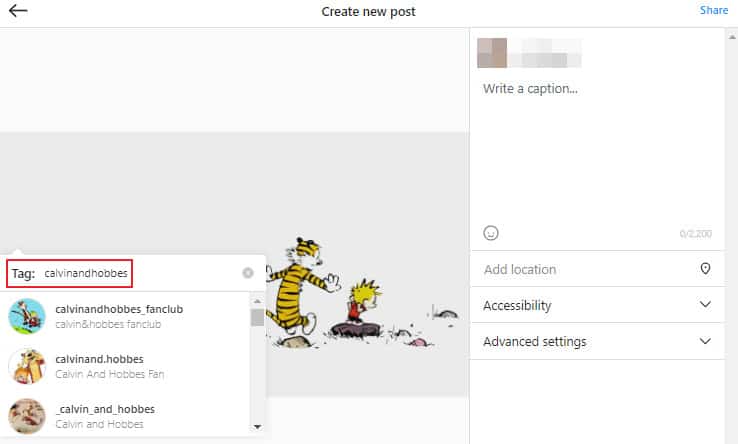 ig web browser - tagging menu