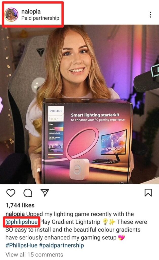instagram branded content with paid partnership label and tag