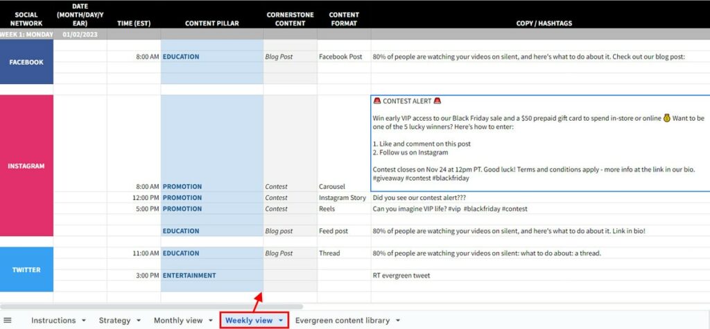 hootsuite social media content calendar template
