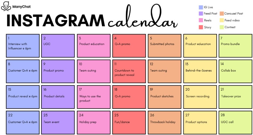 manychat color-coded content calendar example
