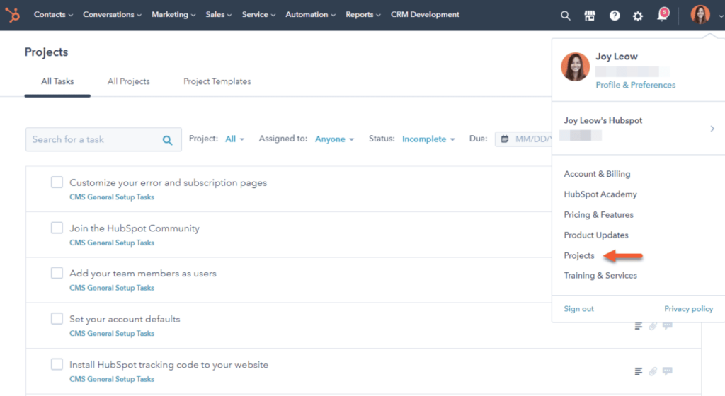 hubspot project management dashboard