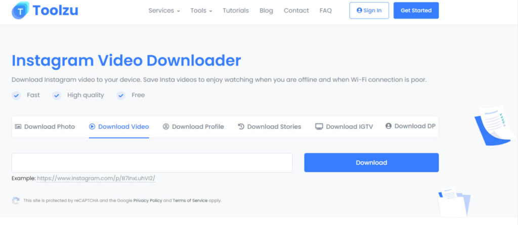 toolzu video downloader dashboard