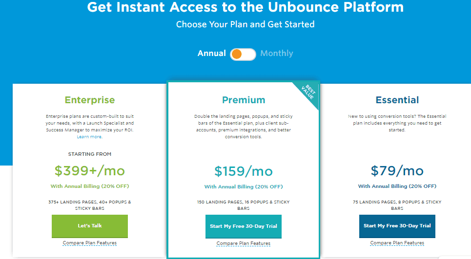 Unbounce plans & Pricing screenshot