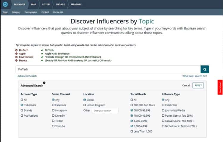 onalytica search filter - twitter influencers for your brand