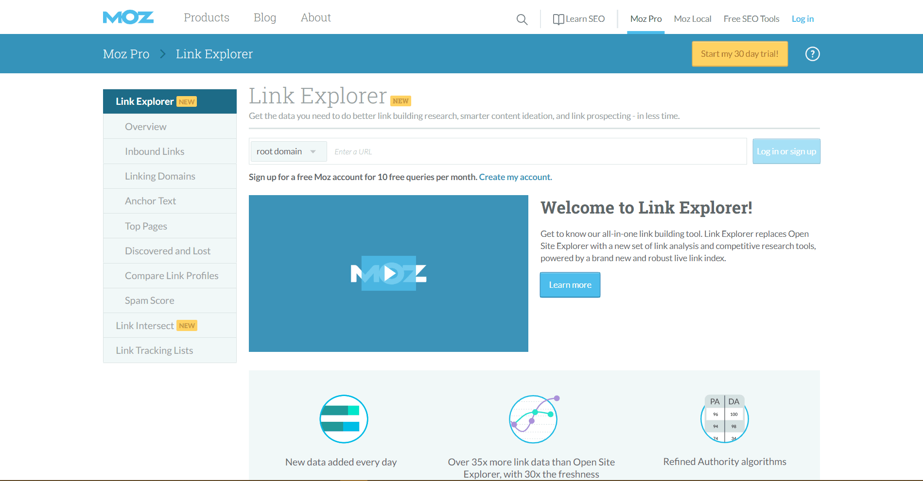 Moz Link Explorer Backlink Analysis Tool