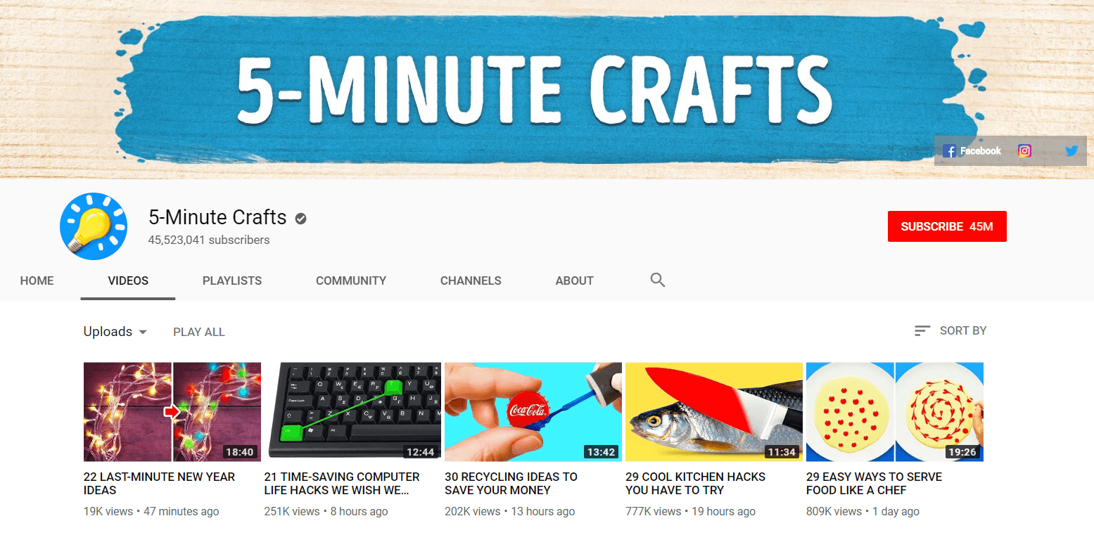 youtube channel 5-Minute Crafts subscribers