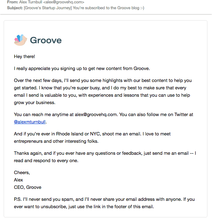 onboarding email from groove personalized content