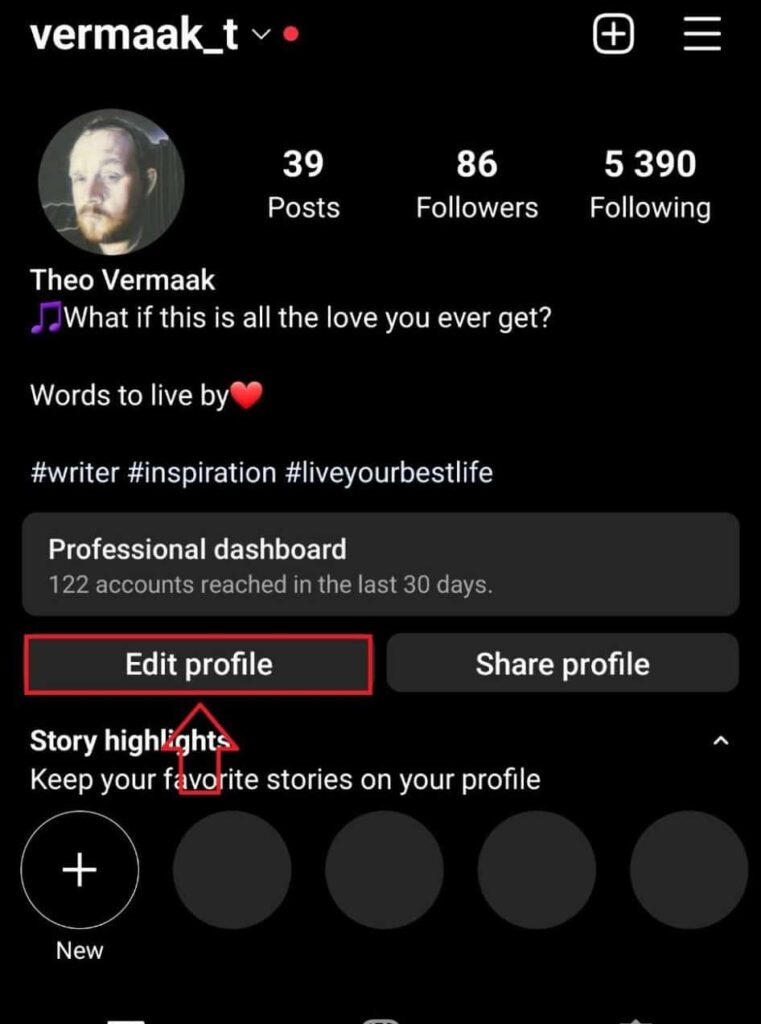 instagram bio edit profile button