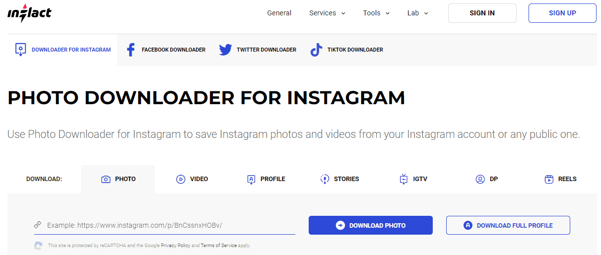 Inflact's Instagram photo downloader