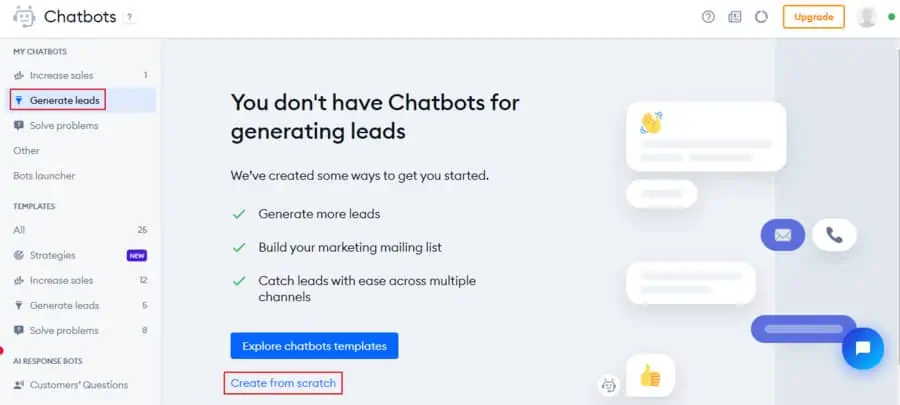 create chatbots from scratch with tidio templates