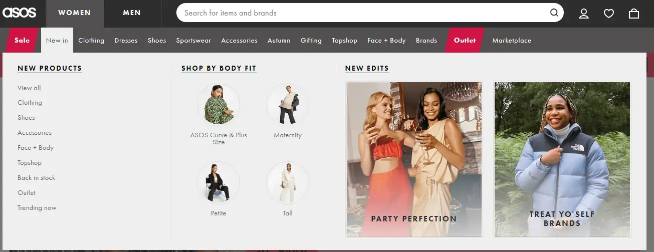 Ecommerce product categories - Asos website example
