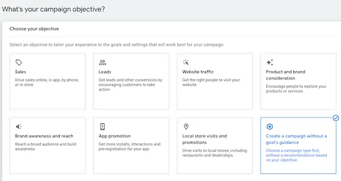 google ads manager - campaign objective popup