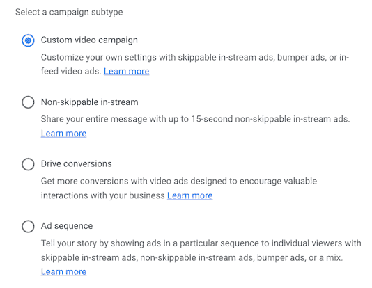 google ads manager - campaign sub-type popup