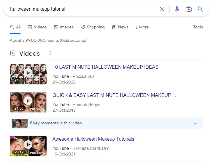 google results screenshot for halloween makeup tutorial