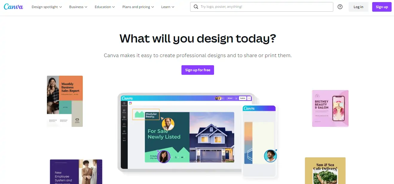 Homepage of Canva - a tool you can use to design thumbnails for YouTube videos