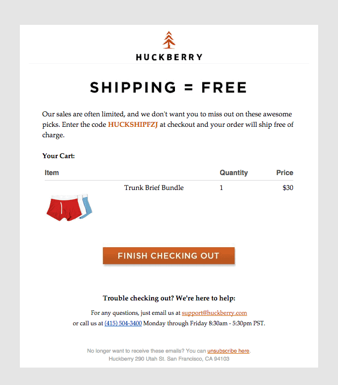 huckberry's abandoned cart recovery email