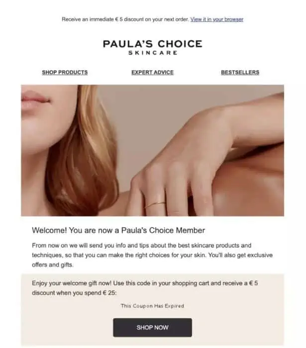 Paula's Choice welcome email example