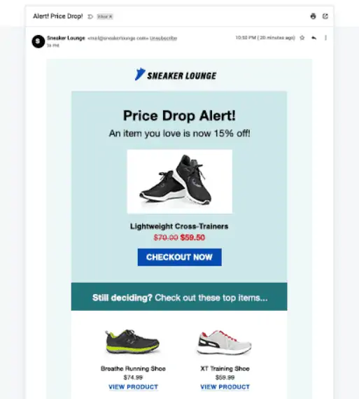 sneaker lounge's price drop alert email