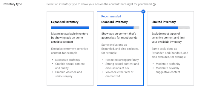 youtube ads - content exclusion options
