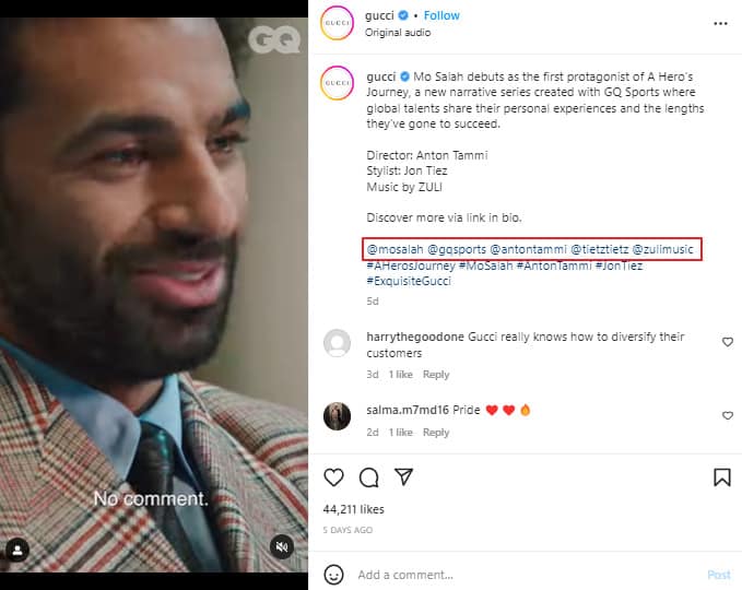 Tagging in Instagram captions - example