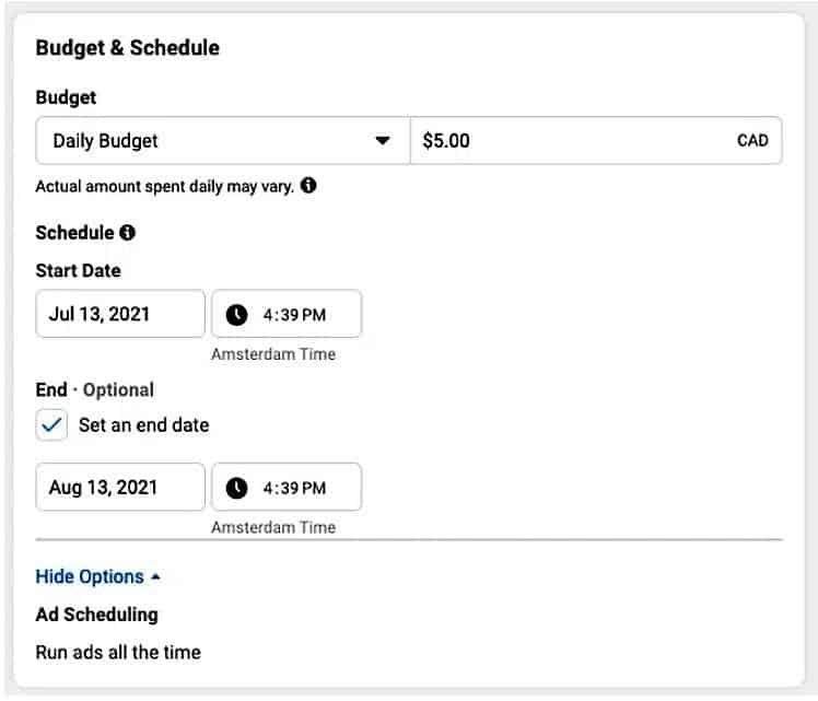 Budget and Schedule page on Meta Ads Manager