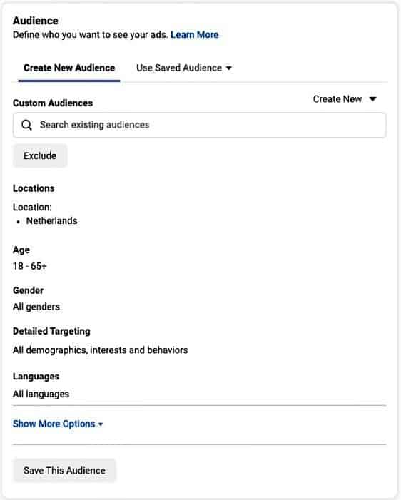 Create Audience page on Meta Ads Manager