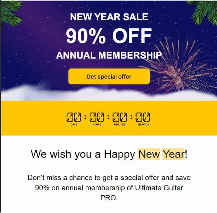 Ultimate Guitar New Year sale email example
