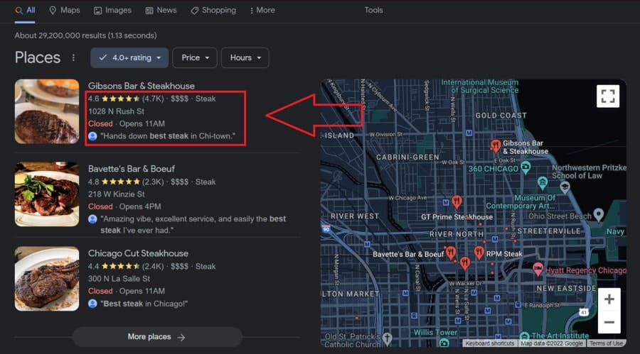 Google Search Reviews and location example