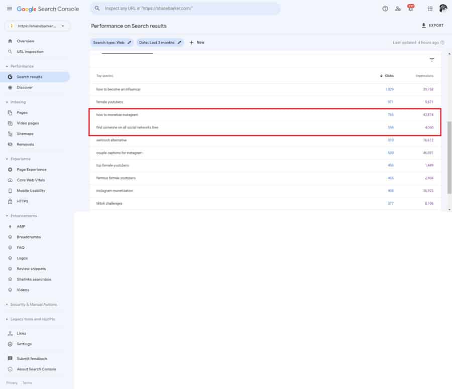 search console keyword performance results