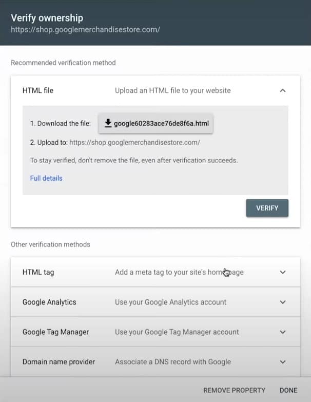 verifying ownership on google search console