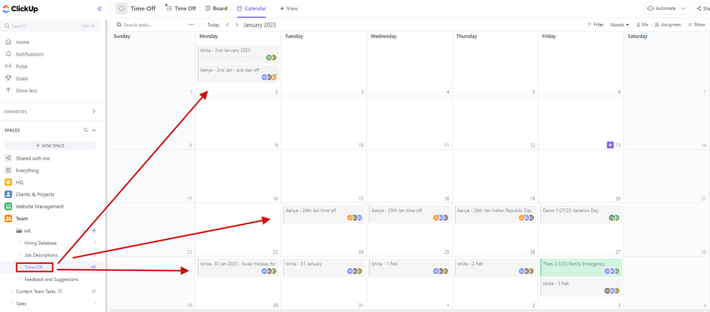 ClickUp Calendar view for tracking time offs