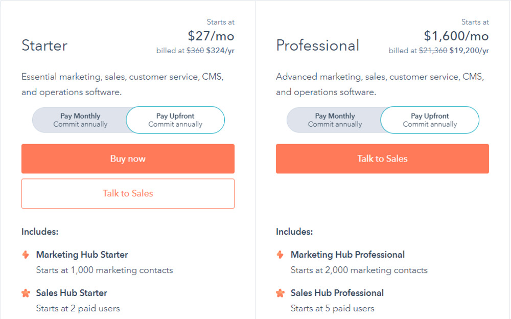HubSpot starter and pro packages