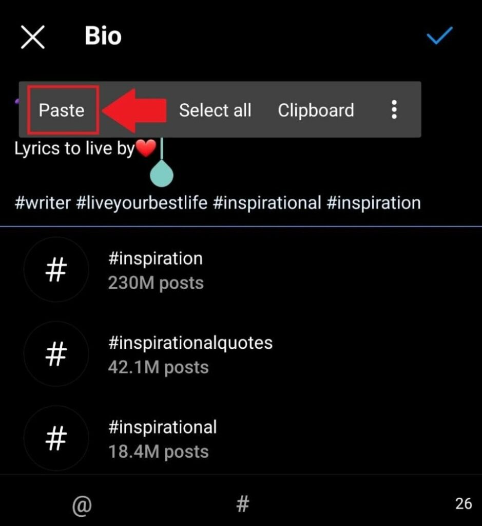 paste text on instagram bio