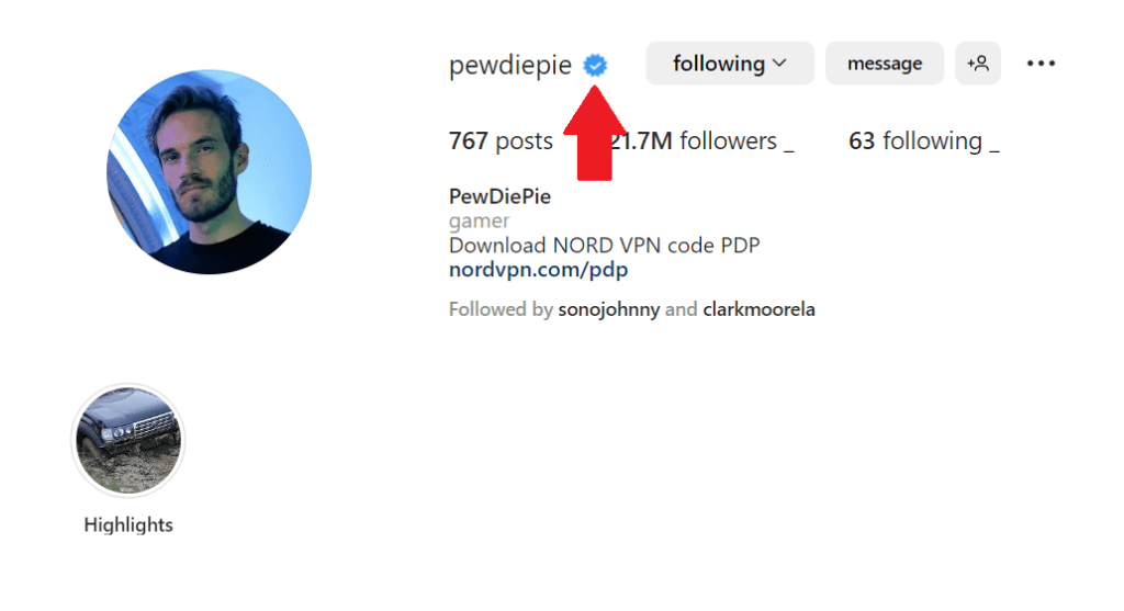 PewdiePie Instagram verified account example