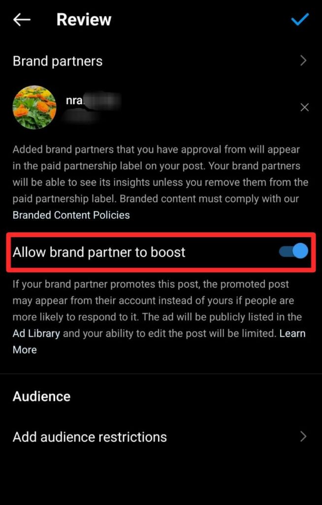 Allow brand partner to boost a post on Instagram
