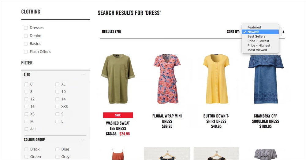 Ecommerce category page search sorting and filters
