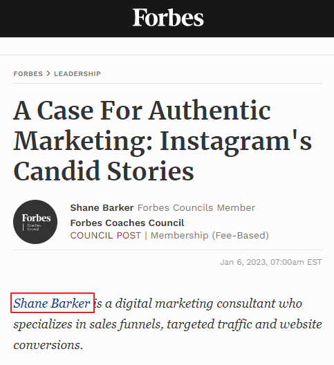 Example - Backlink received for shanebarker.com from Forbes