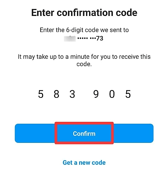 Example of Instagram confirmation code