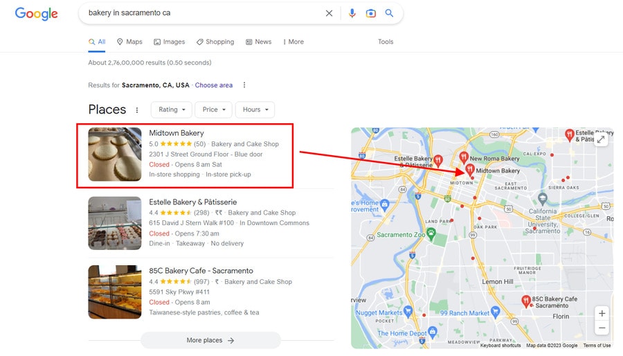 Résultats de recherche Google pour boulangerie à Sacramento