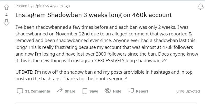 how long does an instagram shadowban last?