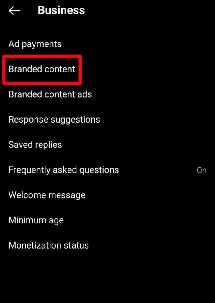Instagram business account settings for branded content tools