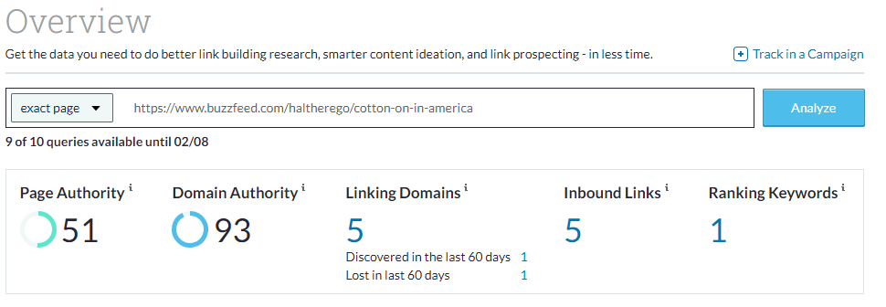 moz link explorer-page authority report