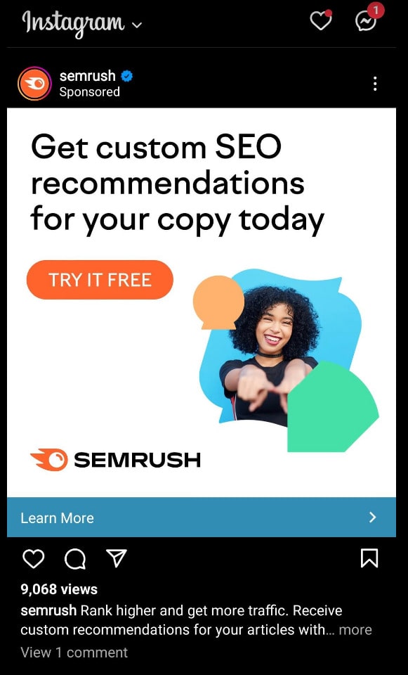 Annonce de reciblage de Semrush sur flux Instagram