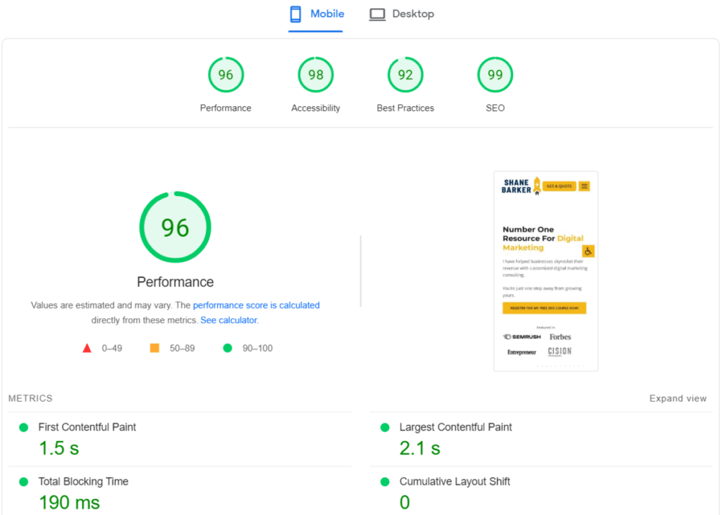 google page speed insights performance score
