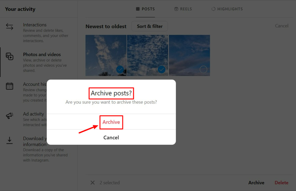 Instagram Archive option on computer