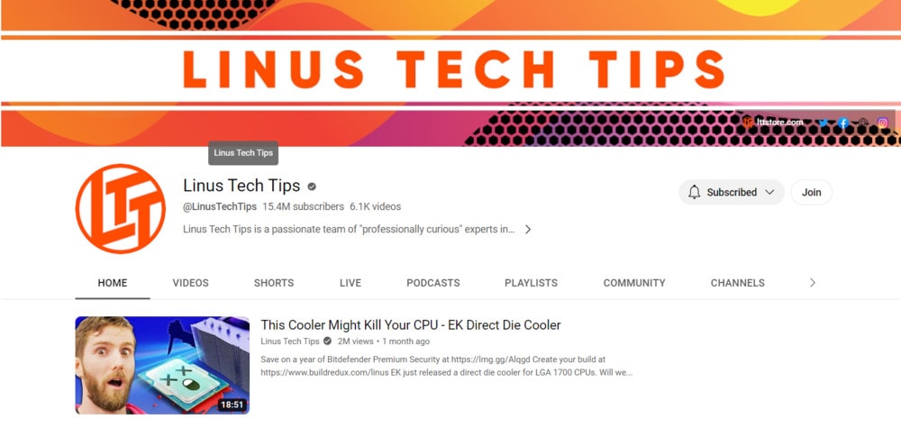 linus tech tips main channel page