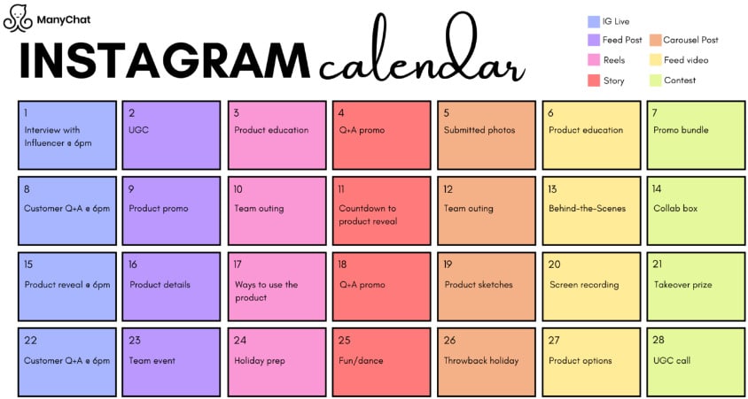 Manychat color-coded content calendar example
