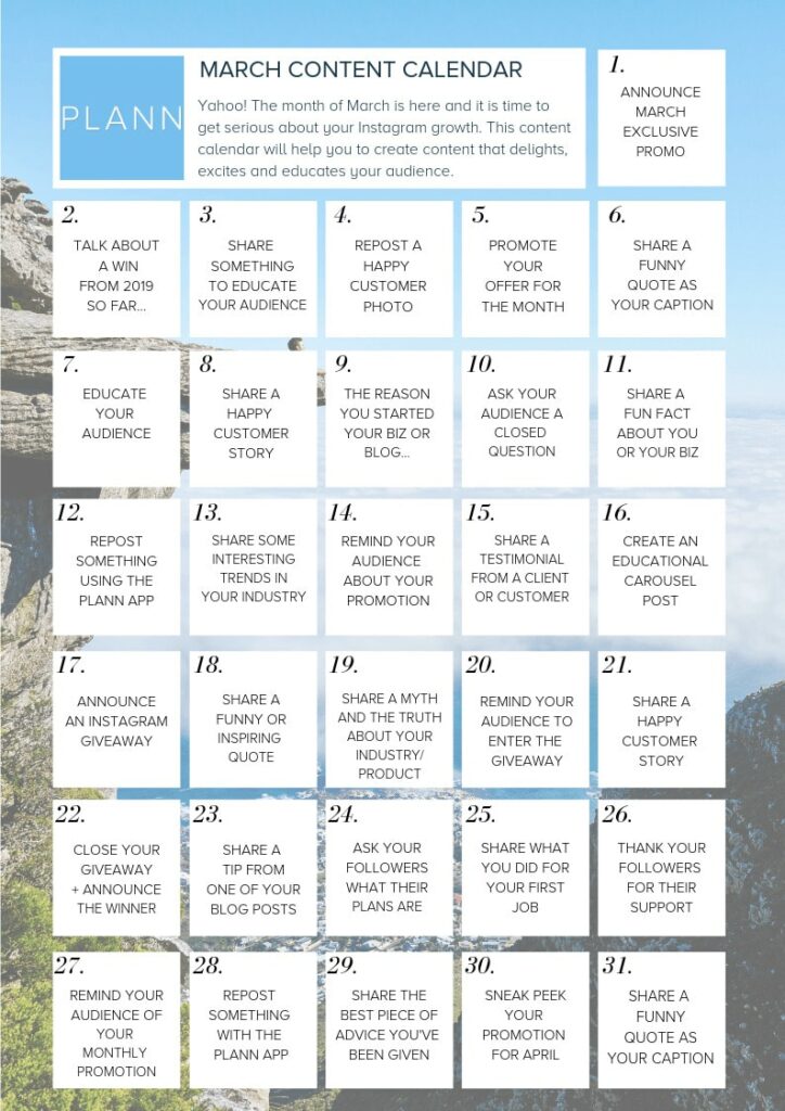 Plann IG content calendar example