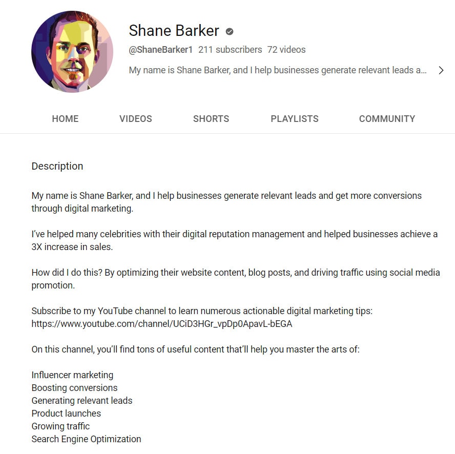 shane barker youtube channel about information